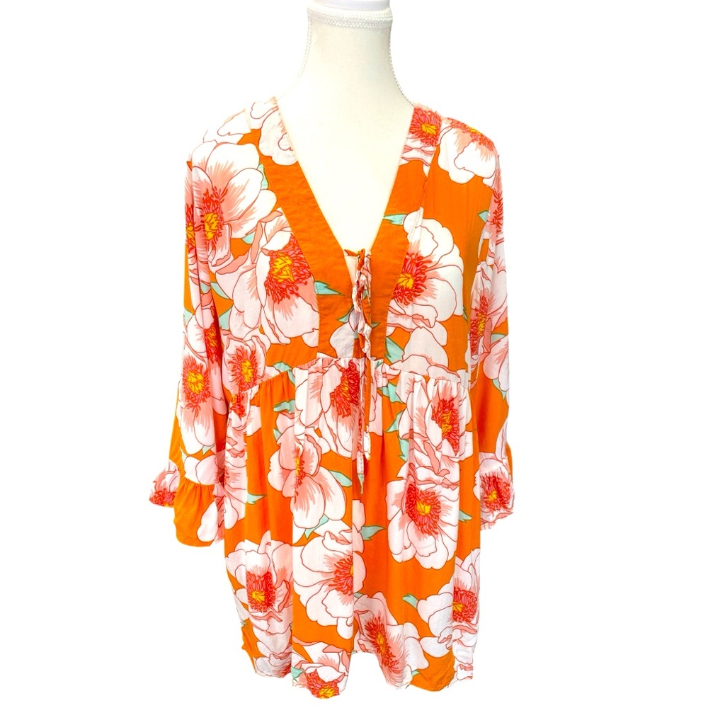 C&C California Orange Pink Floral V-Neck Tunic Blouse Elbow Length Sleeve Medium